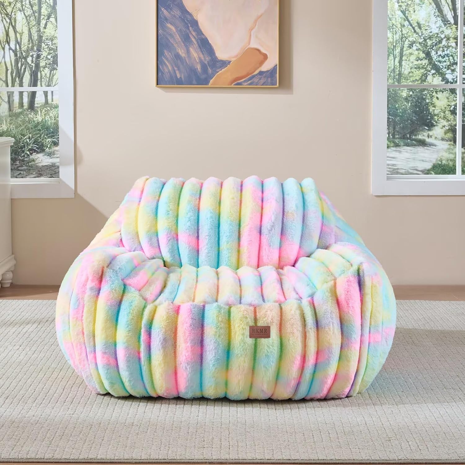 Giant Plush Bean Bag Chair for Adults with Armrests,Oversized Comfy Beanbag Lounge Lazy Floor Sofa Chair for Game Room,Living Room,Bedroom,Ultra Soft Mini Couch-Rainbow