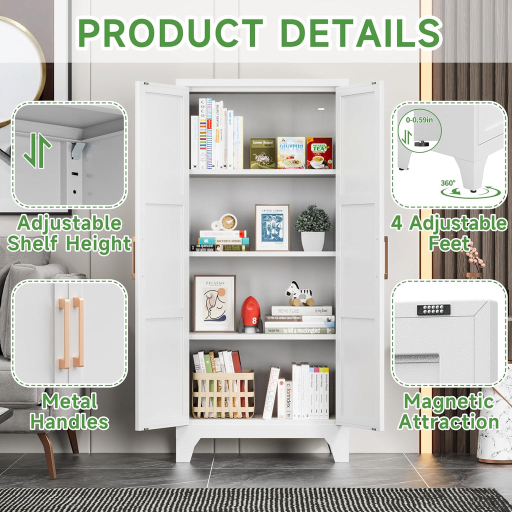 Pantry Cabinet,61" Tall Kitchen Pantry Storage Cabinets with 2 Doors and 3 Adjustable Shelves for Kitchen,Living Room/White