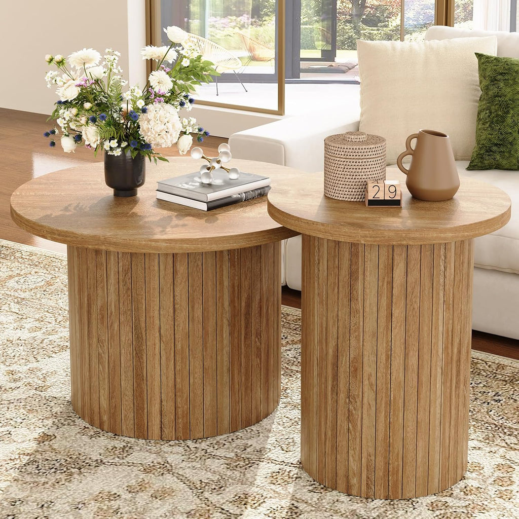 LUXOAK Nesting Coffee Table Set of 2, Mid Century Modern Round Coffee Table, Wood Slat Side Table Set for Living Room, Office, Balcony (Natural Oak)
