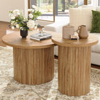 LUXOAK Nesting Coffee Table Set of 2, Mid Century Modern Round Coffee Table, Wood Slat Side Table Set for Living Room, Office, Balcony (Natural Oak)