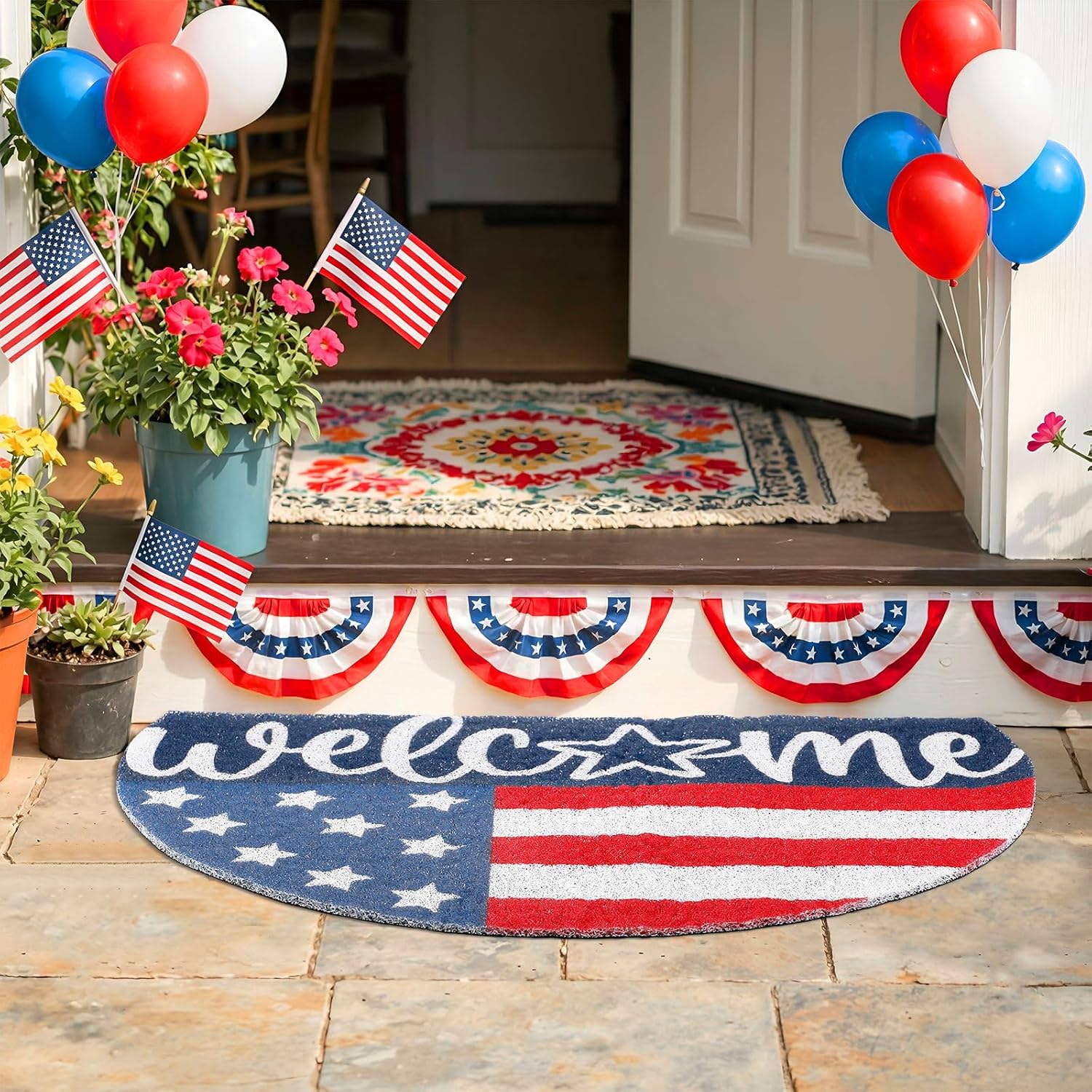 Tinideya Patriotic Welcome Doormat Outdoor 250 Anniversary 4th of July Coir Door Mat USA Red Blue White Indoor Entrance Door Mat America Non-Slip Rubber Backing for Independence Day Front Porch Decor