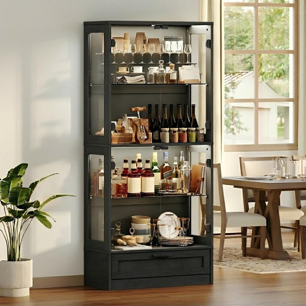 Glass Display Cabinet, 4-Tier Showcase with Drawer and Acrylic Layers, Glass Display Case & Bookcase with Human Body Sensor, 4-Tier Curio Cabinet with 3 Color Lights for Collectibles, Black