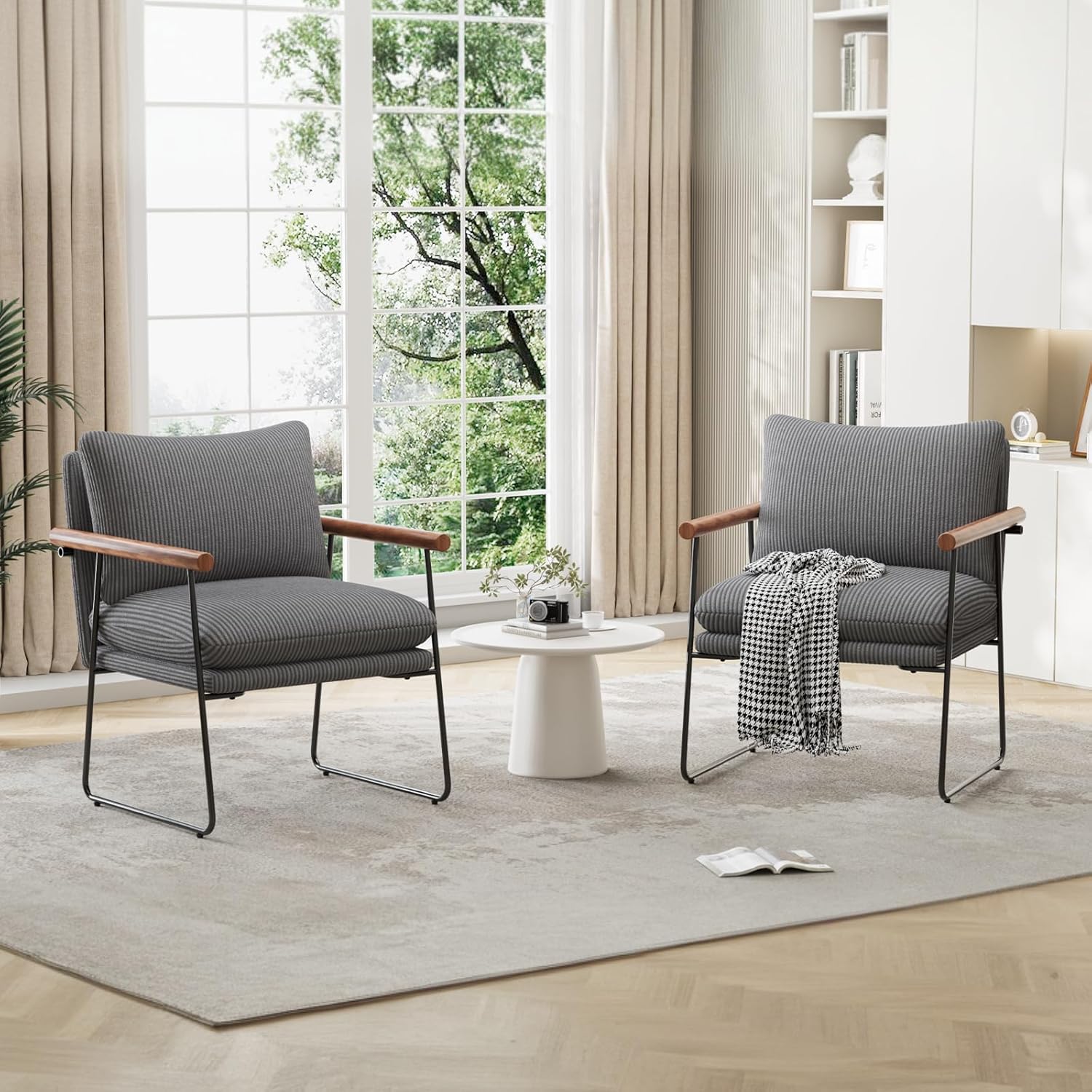 Furnilivng Large Sling Accent Chair, Comfortable Boucle Fabric Arm Chair, Upholstered Cozy Reading Chair for Living Room, Bedroom, Dressing Room, Home Office (Dark Gray, Set of 1)