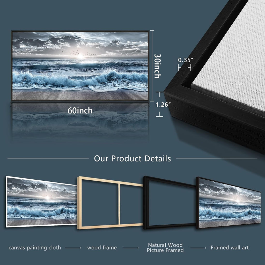 ERQINHUA Large Wall Decor For Bedroom Wall Art For Living Room Office Decor Blue Beach Sea Wave Paintings Sunrise Ocean Seascape Wall Pictures Canvas Artwork Modern Home Decor Black Frame 30x60 In