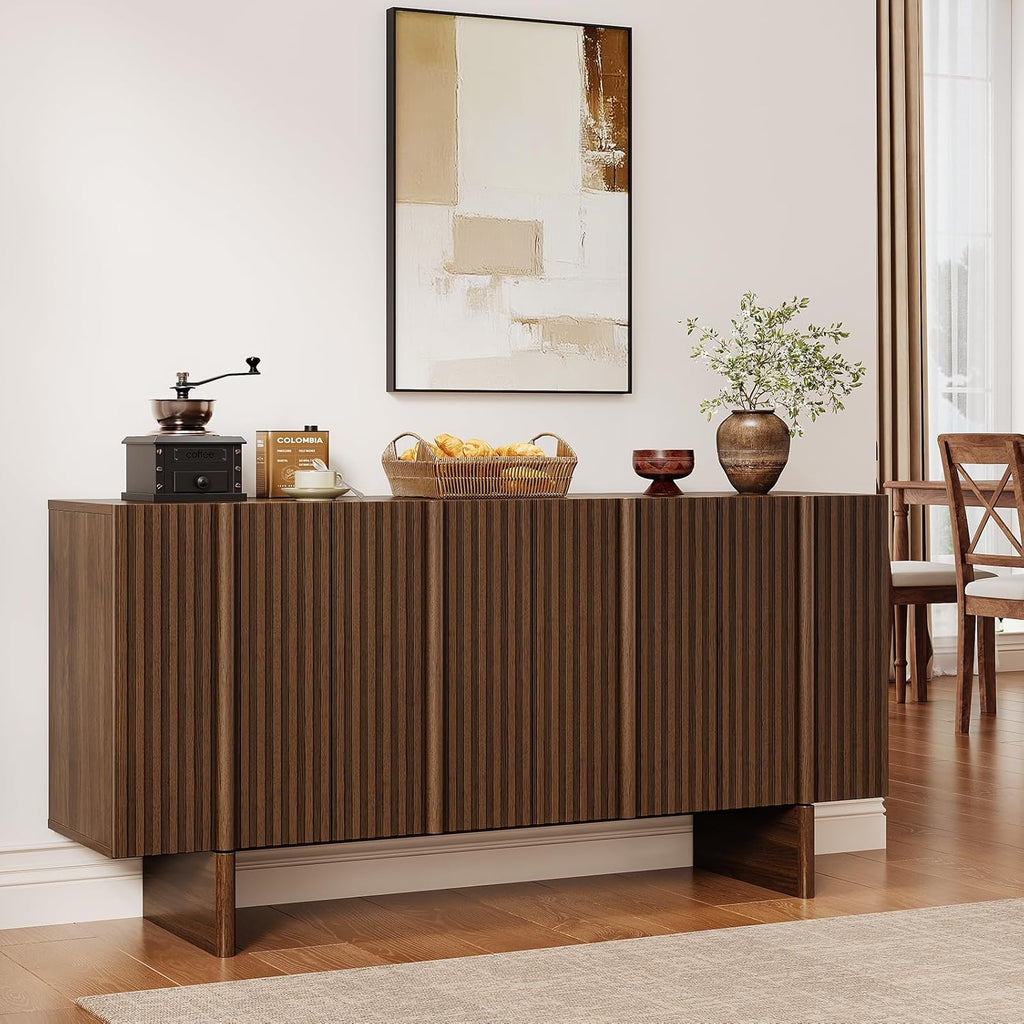 ONBRILL 63" Fluted Sideboard Buffet Cabinet with Storage, Large Sideboard Cabinet with Adjustable Shelves, Modern Credenza with 4 Doors, Kitchen Cabinets for Living Room, Entryway, Black