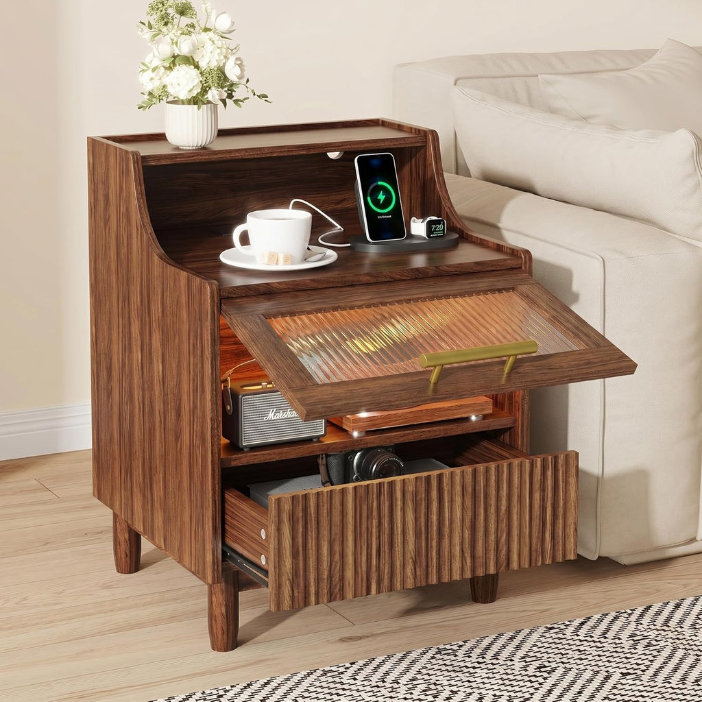 Einhomn Fluted Nightstand with Charging Station and Light, End Table with Drawer & Transparent Storage, Side Table for Bedroom, Narrow Bedside Table for Living Room Small Space, Walnut