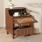 Einhomn Fluted Nightstand with Charging Station and Light, End Table with Drawer & Transparent Storage, Side Table for Bedroom, Narrow Bedside Table for Living Room Small Space, Walnut
