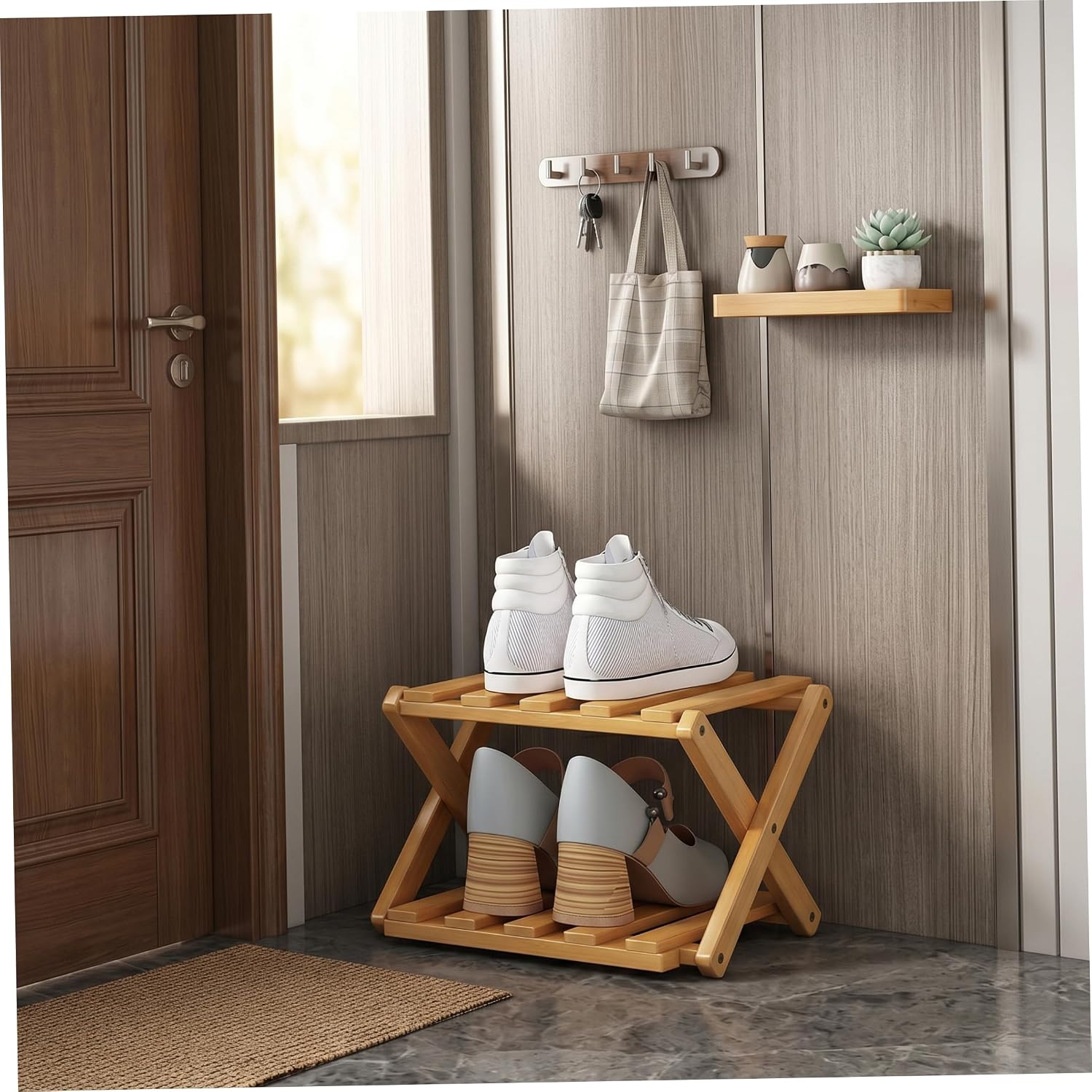 Bamboo Shoe Rack, 2 Tier Foldable Shoe Rack Extendable, Skinny Narrow Organizer for Entryway Closet, Khaki