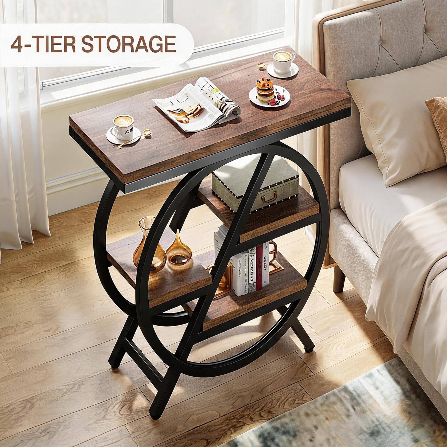 Tribesigns Side Table for Living Room, 4-Tier Narrow End Table with Storage, Industrial Wooden Beside Tables with Geometric Metal Frame, Nightstand for Small Spaces, Bedroom, Rustic Brown