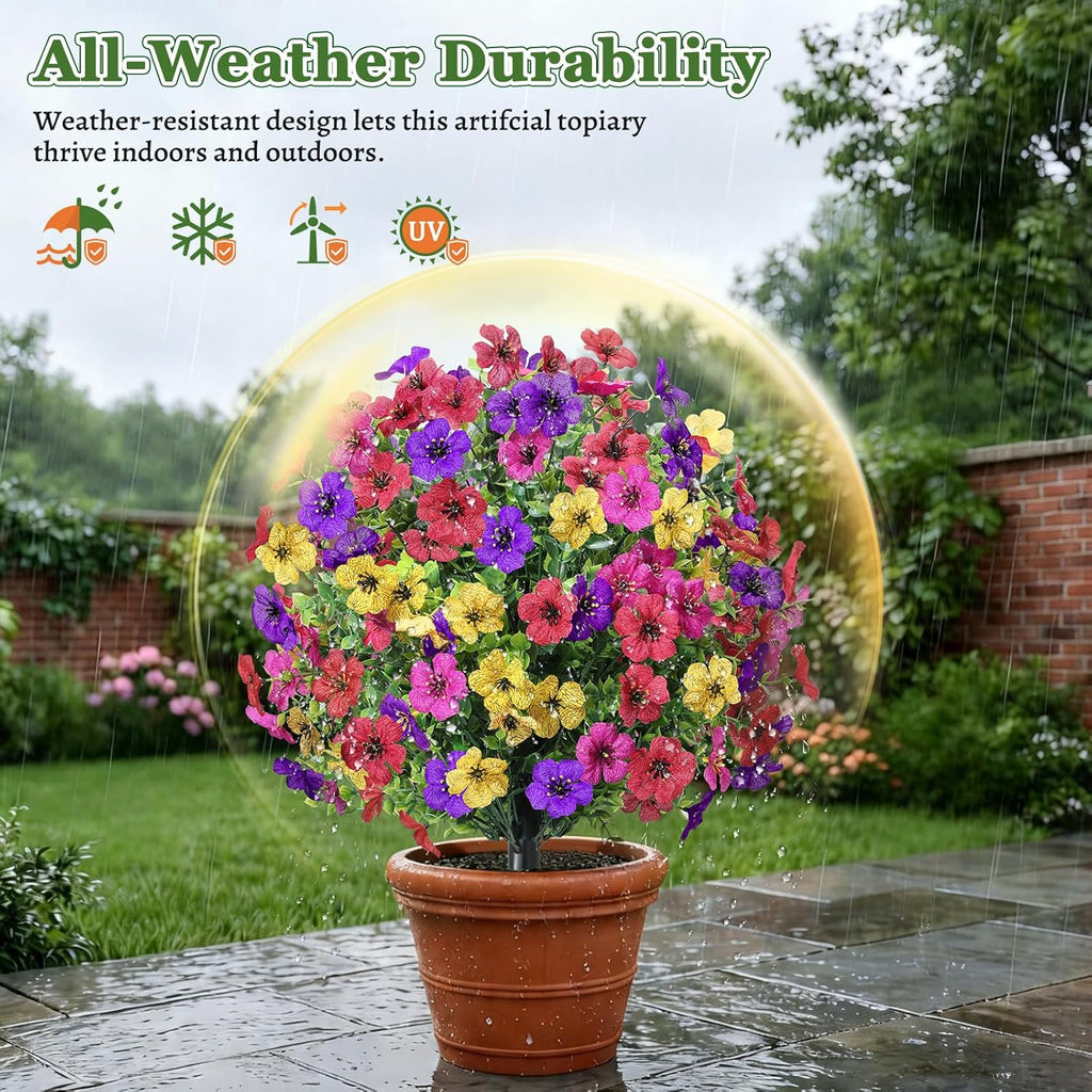 Artificial Outdoor Flowers with Stake, 2 Pack 22" UV Resistant Violet Faux Flower Balls, Realistic Artificial Flowers for Outdoor Porch Garden Yard Indoor Home Decor (Red Rose Purple Yellow)