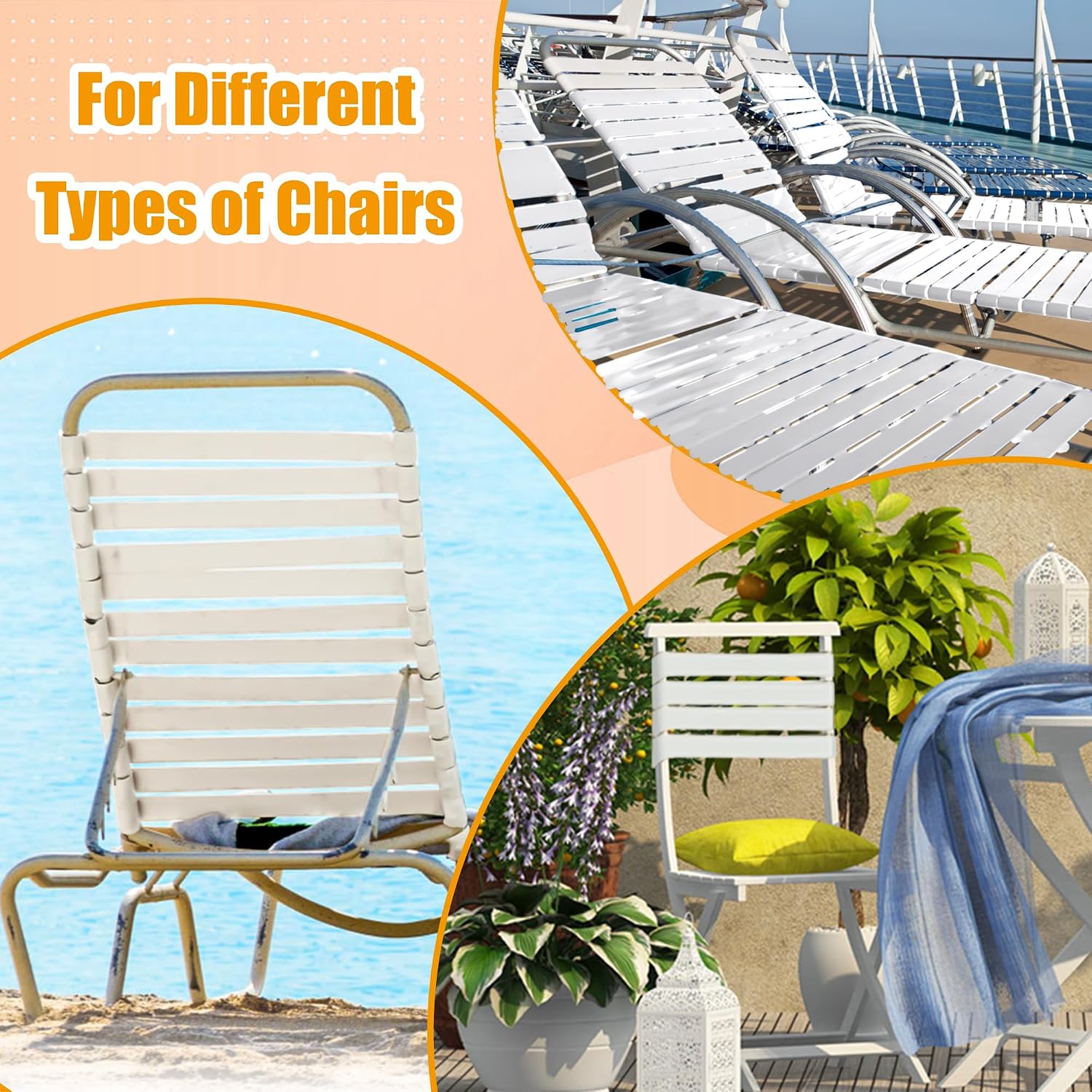 2" Wide Vinyl Straps for Patio Chairs Repair, 20FT Long Patio Garden Furniture Replacement Straps+ 40 Free Rivets for Outdoor Lawn Furniture Chaise Lounge Repair (White)