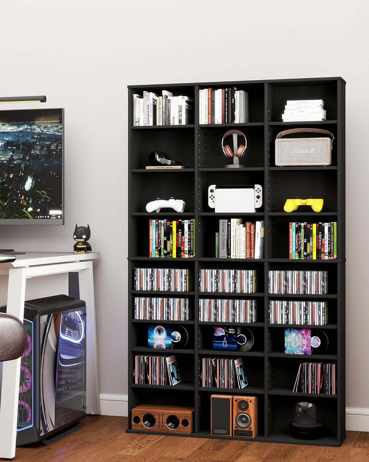 DVD Storage Shelf, 8-Tier Media Storage Cabinet with Adjustable Shelves for CDs, DVDs, Video Games, DVD Stand Tower for Living Room, Bedroom, Office, Black