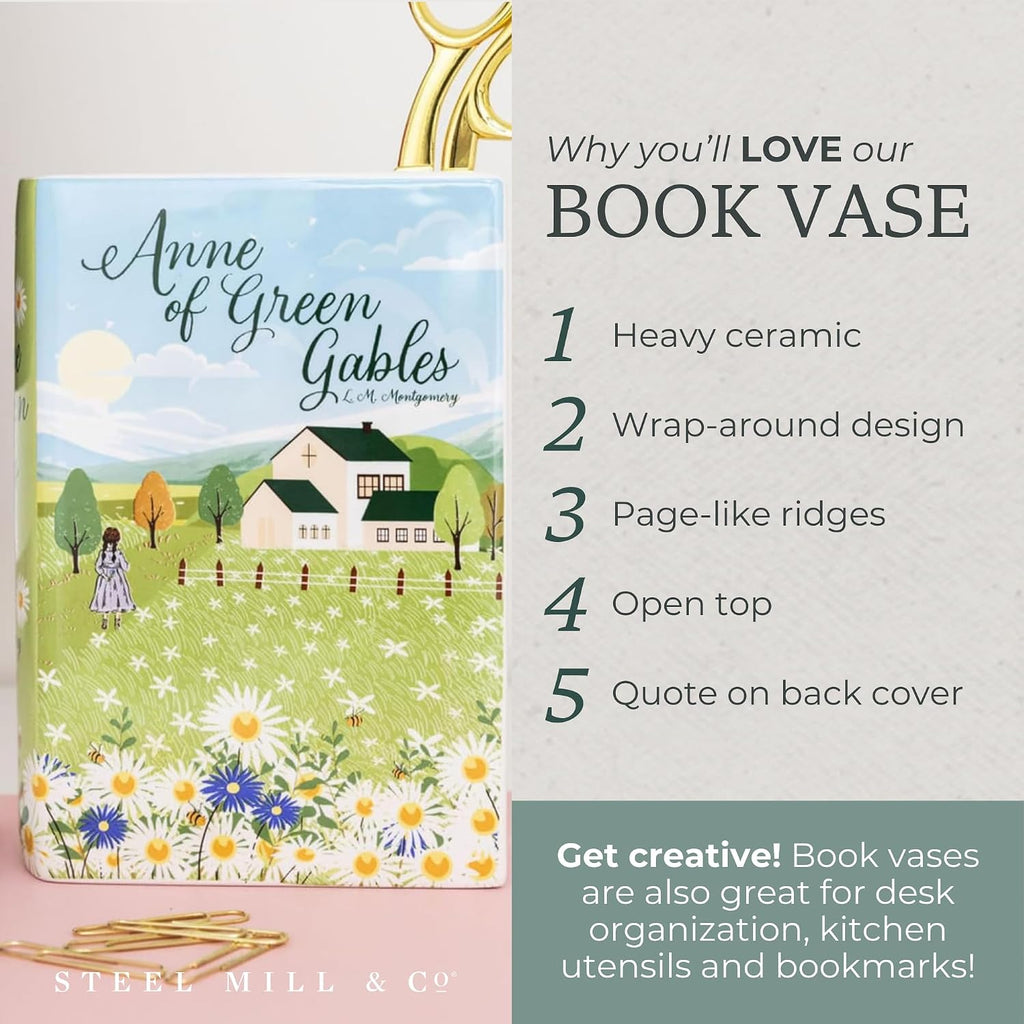 Steel Mill & Co Original Large Book-Shaped Decorative Vase, Ceramic Vases for Home Decor, Cute Bookshelf Decor, Unique Vase for Book Lovers, Anne of Green Gables
