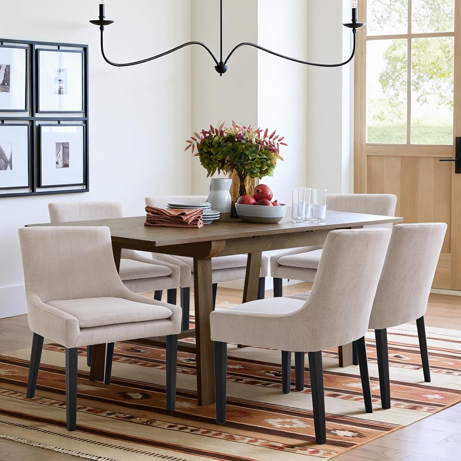 MALOL Upholstered Dining Chairs Set of 6, Mid-Back Kitchen Room Chair with Wood Legs, Corduroy Padded Dining Side Chairs for Dining Room, Beige