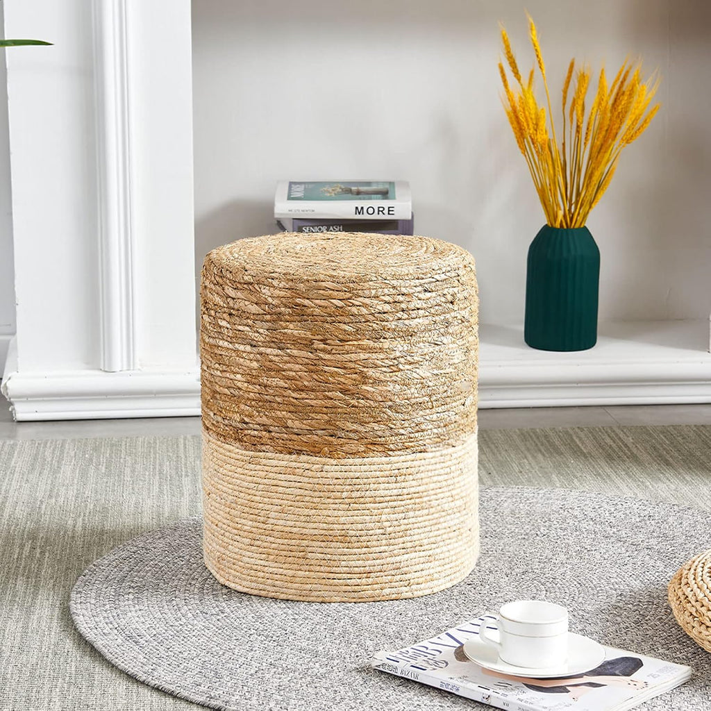 Pouf Ottoman, 100% Handwoven Seagrass Braided Pouffe, Boho Decor Floor Chair for Couch or Desk, Outdoor Ottomans for Garden, Round Footrest with Wood Frame, Home Decorative Seat for Balcony