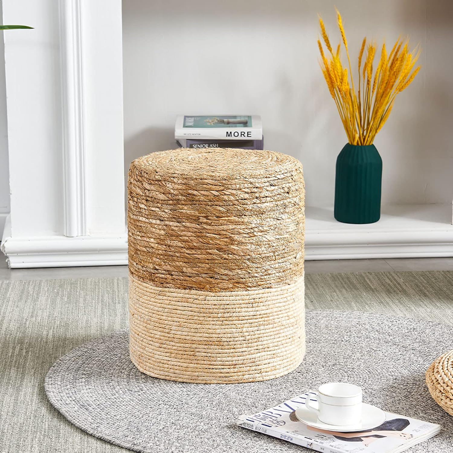 Pouf Ottoman, 100% Handwoven Seagrass Braided Pouffe, Boho Decor Floor Chair for Couch or Desk, Outdoor Ottomans for Garden, Round Footrest with Wood Frame, Home Decorative Seat for Balcony
