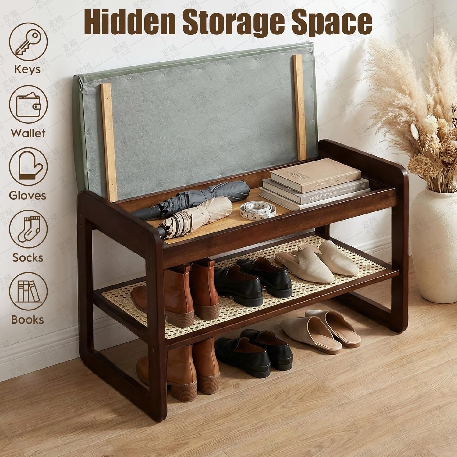 Shoe Rack Bench 2 Tier 27.6'' Bamboo Entryway Bench with Cushion and Hidden Storage Hold up to 300 lb Shoe Organizer for Hallway, Closet, Front Door Entrance, Foyer , Living Room Bedroom(Green)