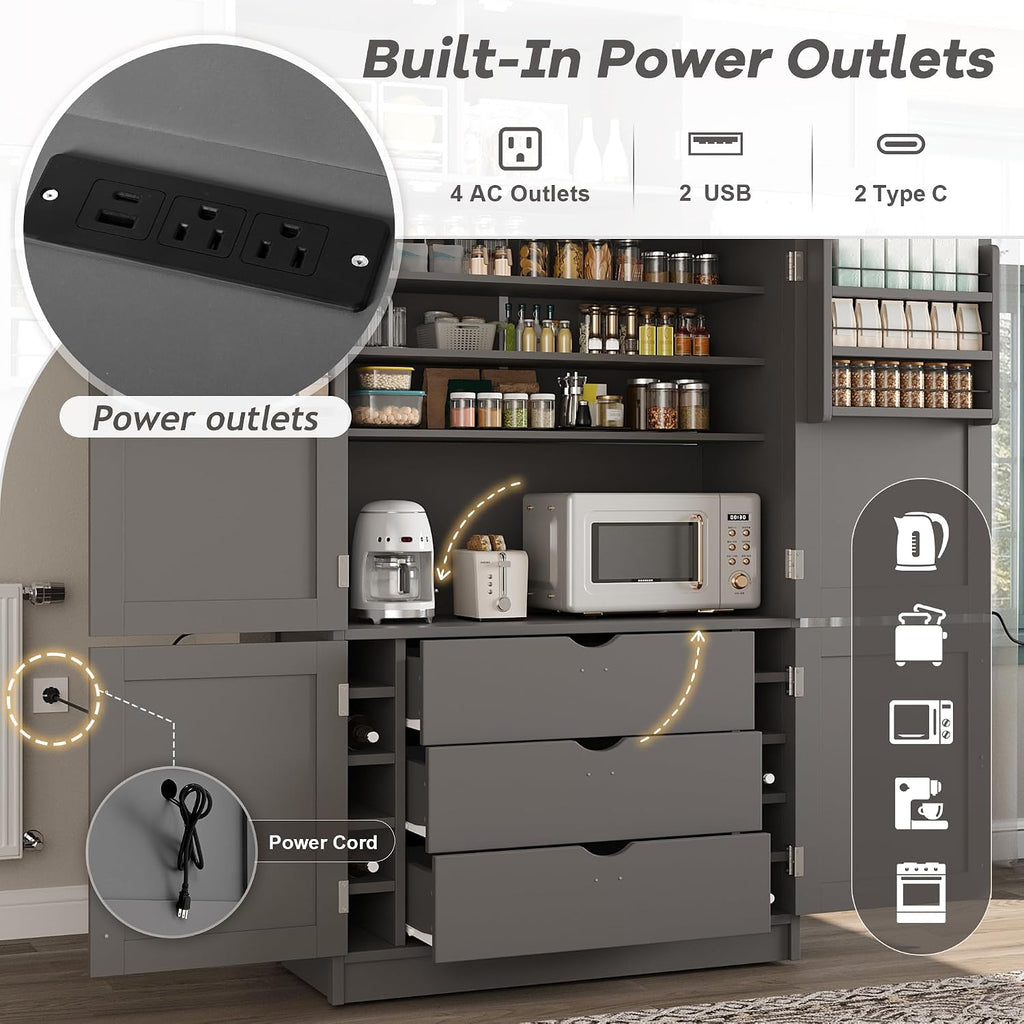 Merax Kitchen Pantry Storage Cabinet, Freestanding Buffet Cabinet with Microwave Stand & 2 Power Outlets,Kitchen Hutch with Door Shelves, Adjustable Shelves,Drawers and Wine Rack, Grey