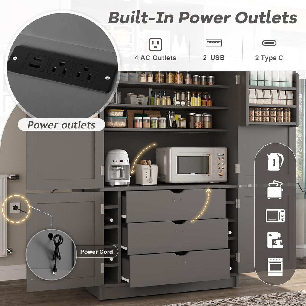 Ball & Cast 80″Tall Freestanding Kitchen Pantry Cabinet with 2 Power Outlets & 3 Large Drawers,41" W Versatile Farmhouse Pantry Storage Cabinet w/Adjustable Shelves and Door Shelves,for Kitchen, Grey