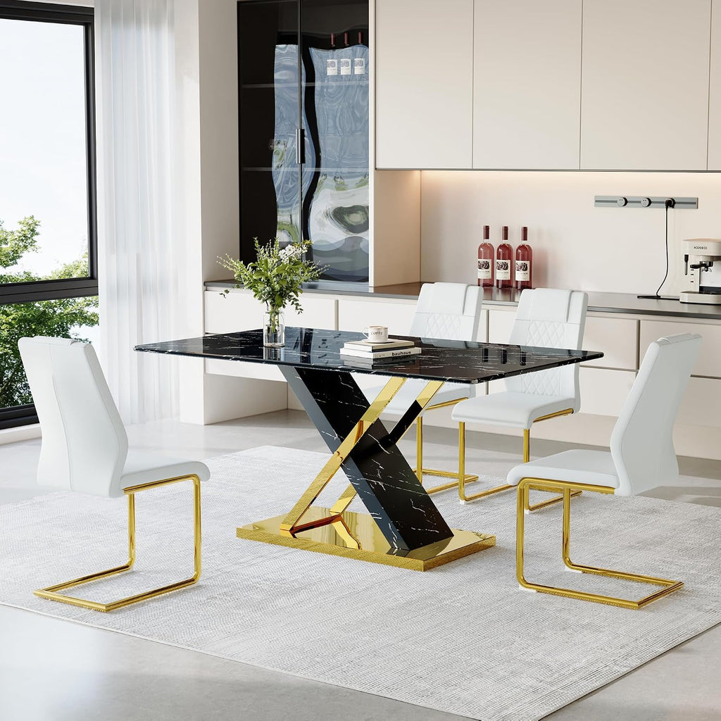 YUNDREAM Modern Marble Dining Table Set for 4,Black Gold 63'' Dining Room Table with Chrome Plated X-Shaped Frame and White Leather Dining Chairs,Easy Assemble,Kitchen Table and Chairs for Dining Room