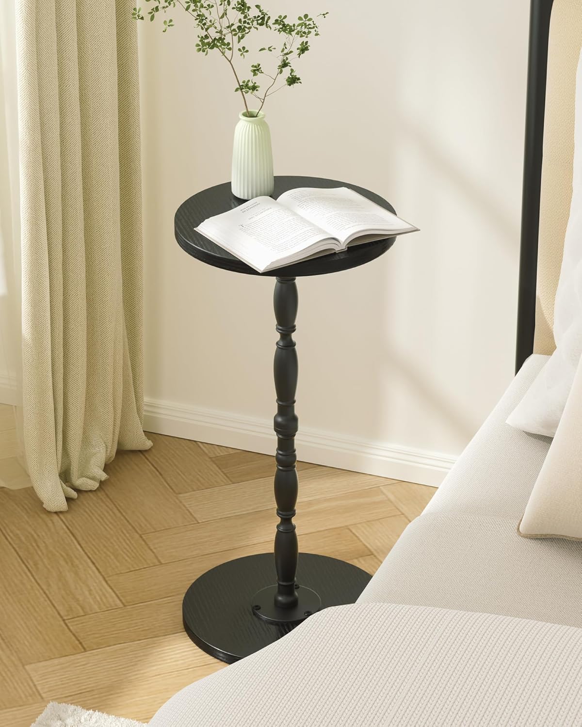 Round Side Table, Drink Table for Small Spaces, Vintage Accent Side Table, Pedestal End Tables for Bedroom, Living Room, Sofa Couch and Corners, Black
