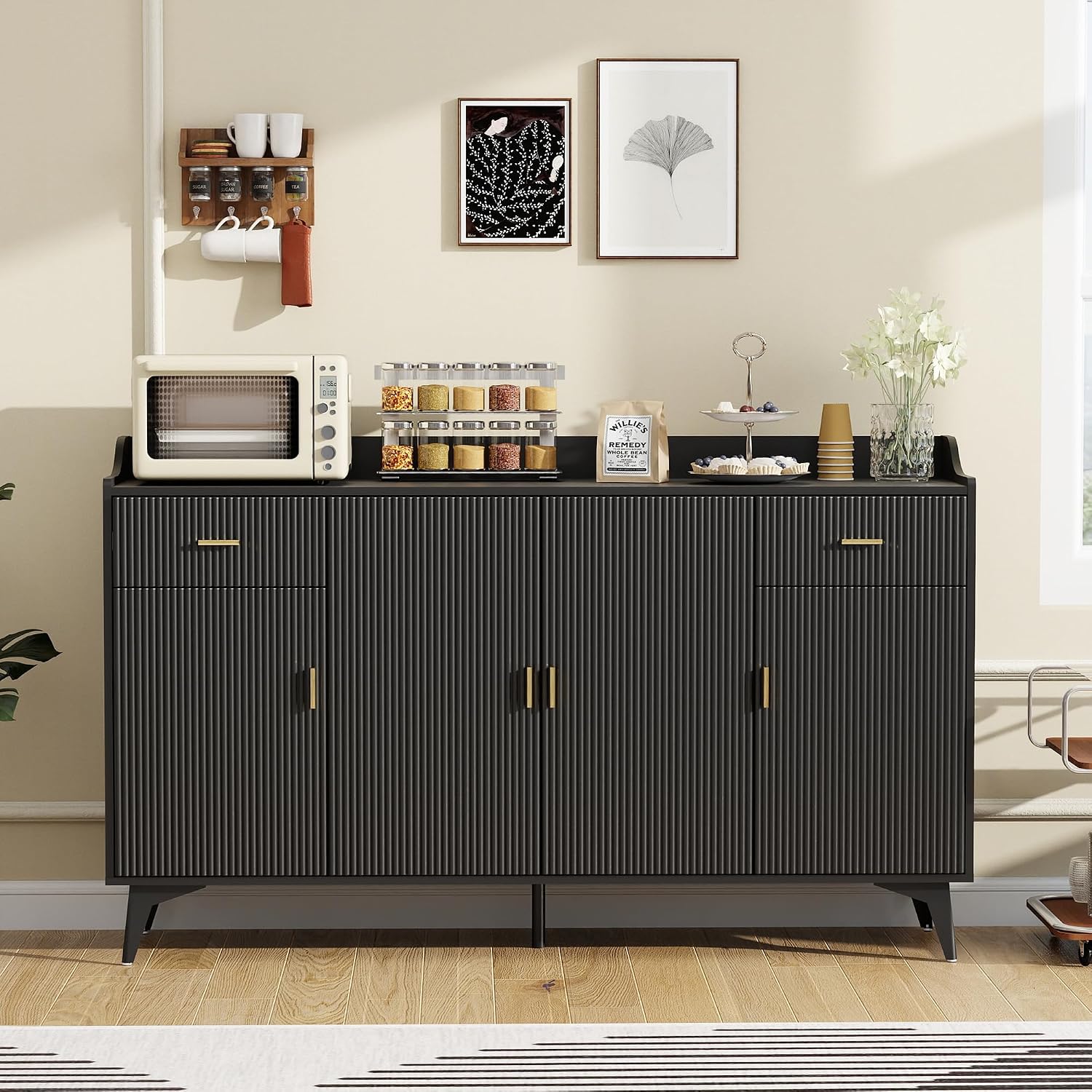 Sideboard Buffet Cabinet with Storage: 63" Black Credenza Storage Cabinet with Drawers, Modern Tall Fluted Buffet Cabinets with 4 Doors for Living Room and Kitchen (63")