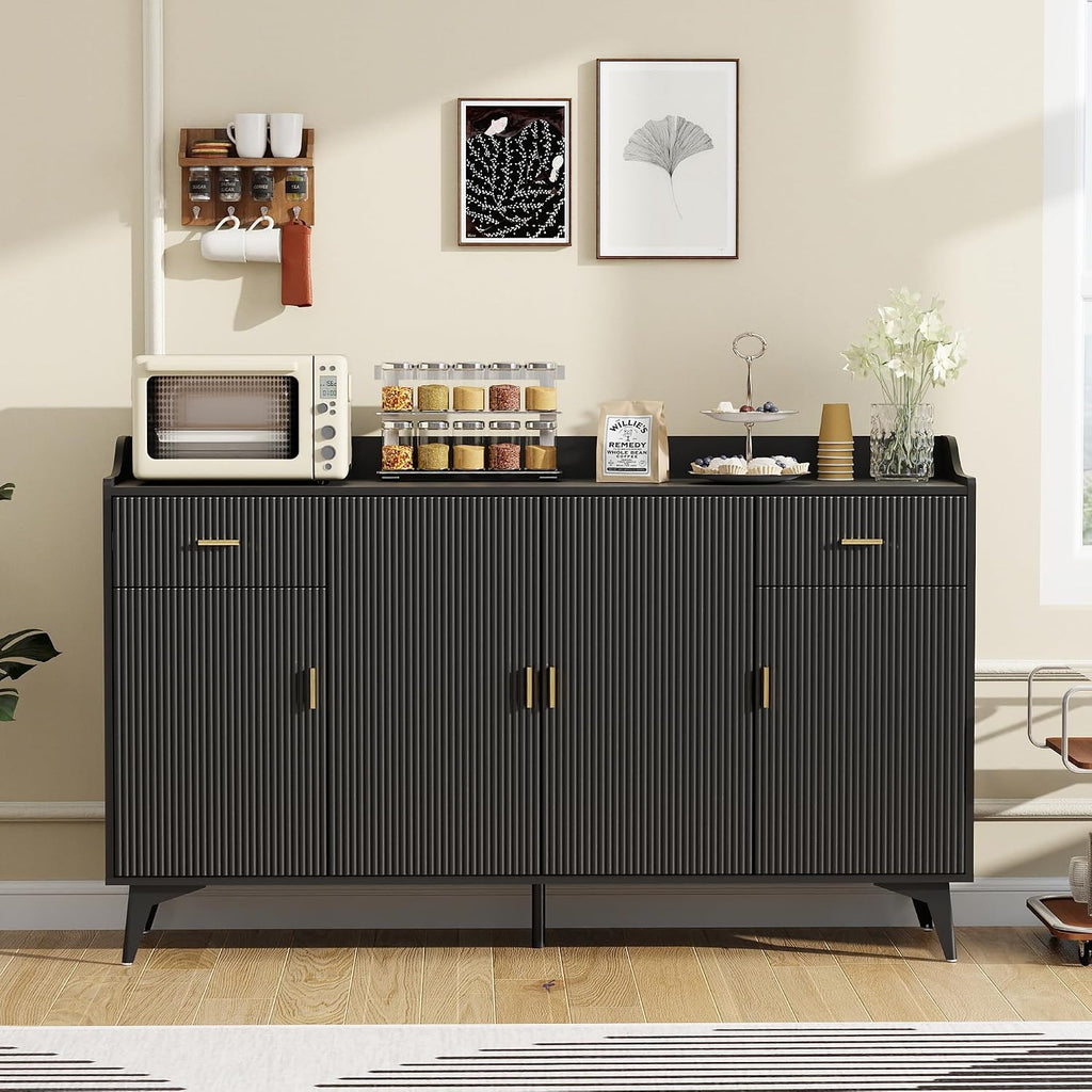 Sideboard Buffet Cabinet with Storage: 63" Black Credenza Storage Cabinet with Drawers, Modern Tall Fluted Buffet Cabinets with 4 Doors for Living Room and Kitchen (63")