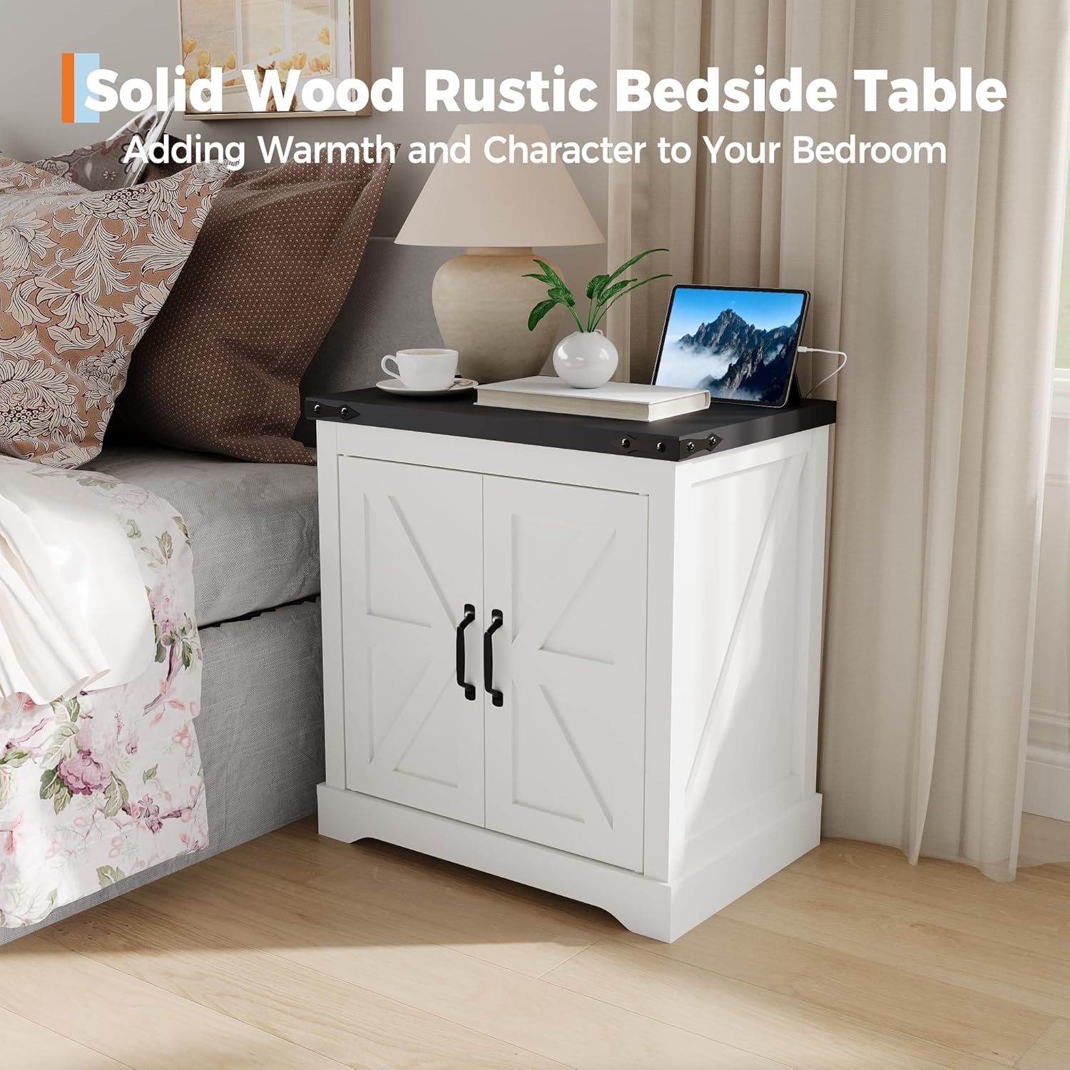 24" Farmhouse End Table with Charging Station | Rustic Sofa Side Table with Sliding Barn Door & Shelf | for Living Room, Bedroom in Antique White