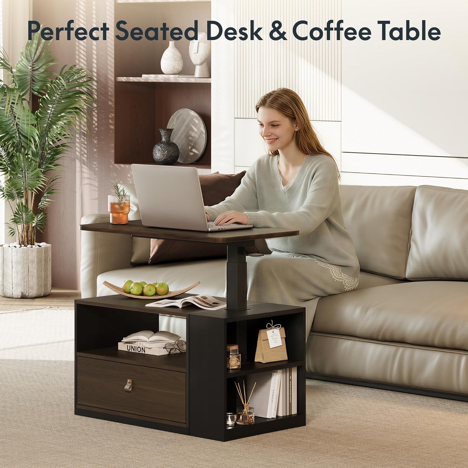 FLEXISPOT H7 CAB End Table with Drawers Storage,Narrow Side Table Nightstand with Shelves & Cabinet,Bedside Table for Small Spaces,Sofa Couch Table for Living Room Bedroom（Walnut Table with Cabinet）
