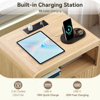 Decofy Fluted Nightstand Set of 2 with Charging Station, 19.7'' Wide Morden End Table with USB/Type-C Ports, 2 Drawers & Open Shelf, Curved Profile Design, Wood Bedside Table for Bedroom (Oak)