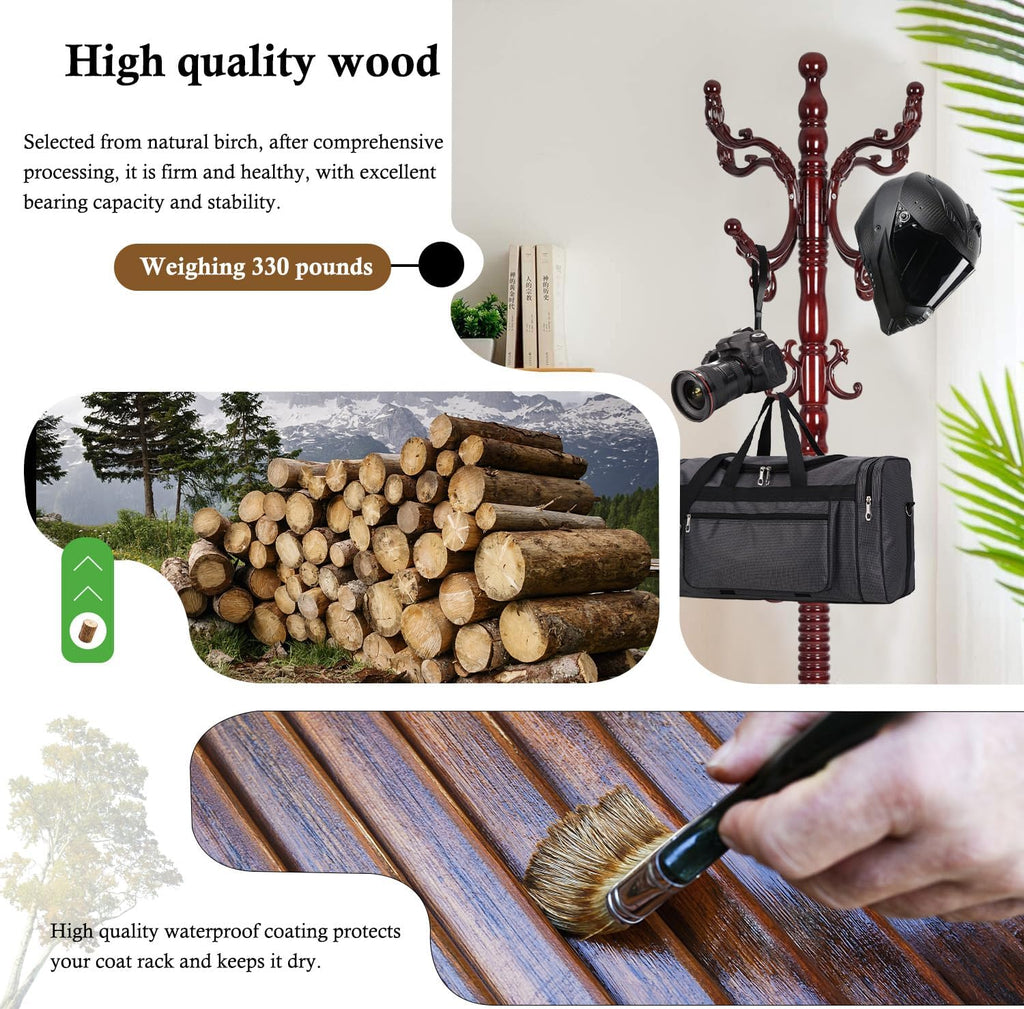 Coat Rack Stand, Solid Wooden Coat Tree with 14 Hooks, Heavy Duty Coat Rack Freestanding with Sturdy Round Base, Natural Birch Wood Coat Hanger Stand for Entryway Bedroom (Rosewood)