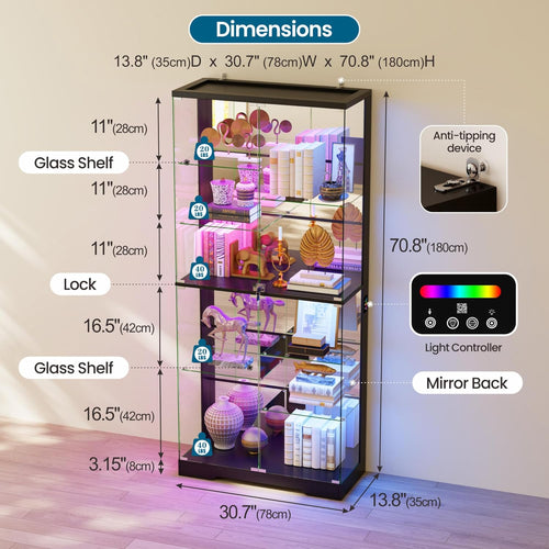 10-Tier Glass Display Cabinet with RGB Light&Auto Sensor,Gaming Room,Black | 71''H Lockable Curio Cabinet with Glass Doors,China Cabinets with Removable Shelves for Collectibles,Lighted Showcase