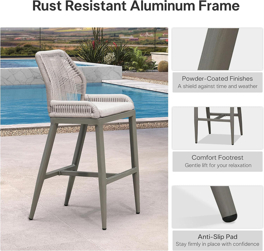 PURPLE LEAF Bar Stool 1 Piece Outdoor Bar Height Metal Stool Modern Wicker Rattan Barstools with Back Aluminum Outside Garden Patio Bar Chair, Light Grey