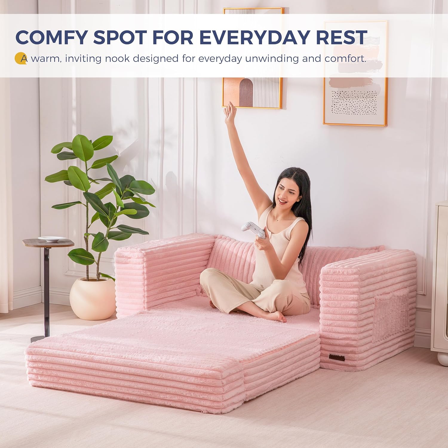 MAXYOYO Convertible Sofa Bed, 2 in 1 Folding Couch Bed for Small Space, Pull Out Loveseat Sofa Couch with Large Back Pillow, Plush Faux Fabric Lounge Couch for Living Room, Apartment, Pink