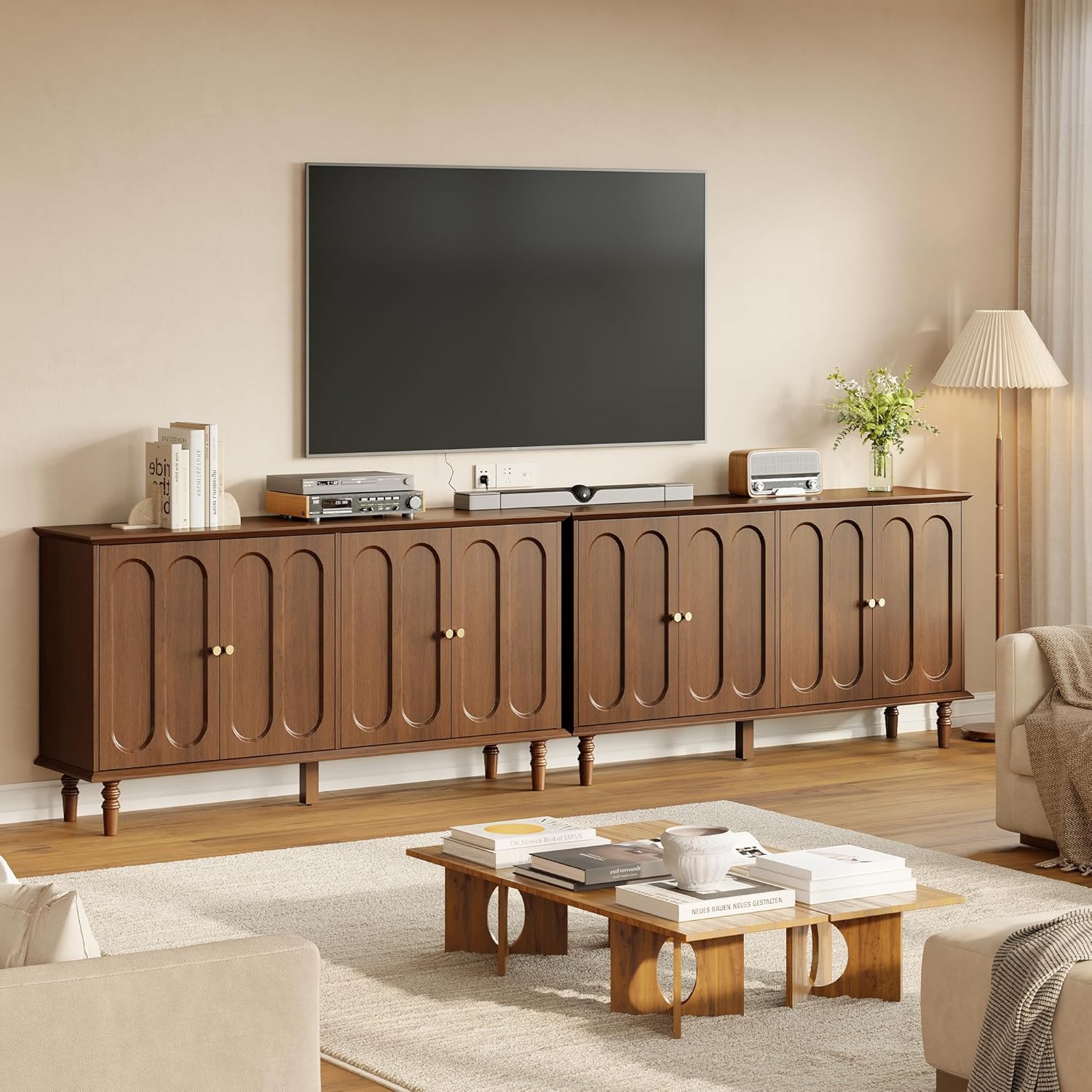ONBRILL 63 Inch Buffet Cabinet with Storage, Arched Sideboard Cabinet with 4 Doors and Adjustable Shelves, Wooden Coffee Bar for Kitchen, Living Room, Entryway,Walnut