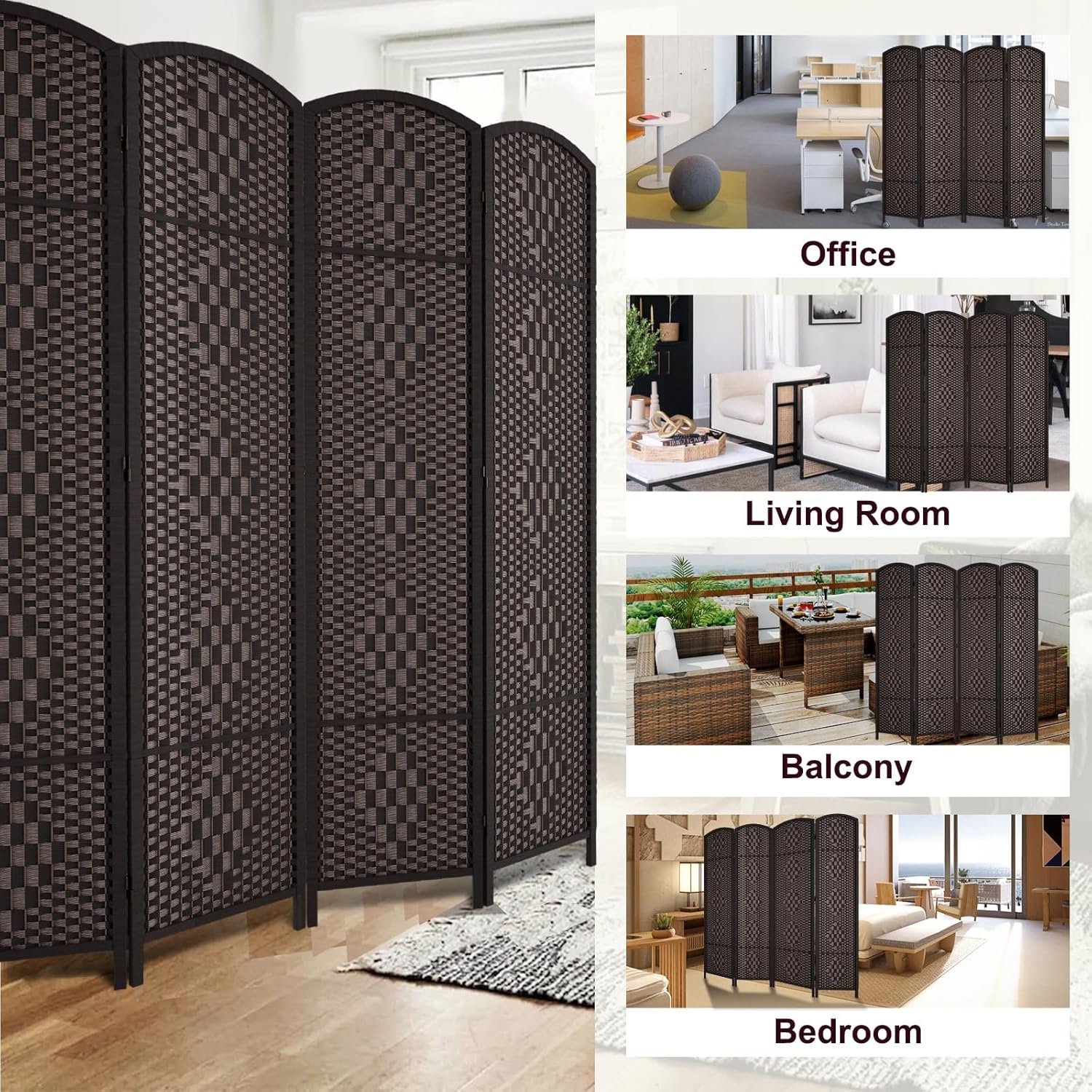 RHF 6 ft.Tall Room Divider, Room Dividers and Folding Privacy Screens, 15.7" Privacy Screen 4 Panels Room Divider Wall Partition Freestanding, Dark Coffee