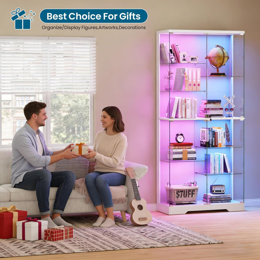 Lvifur 71'' Glass Display Cabinet - with RGB Lights,10-Tier Curio Cabinet with Glass Doors,Lockable Figure Display Case with Human Body Sensor,Tall Showcase Cabinets for Collectibles,White