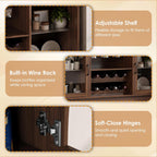 Kitchen Pantry Storage Cabinet with Charging Station, Kitchen Hutch Storage with LED Lights & Pegboard, Freestanding Pantry Cabinet with Adjustable Shelves, Wine Rack for Dining Room (Brown)