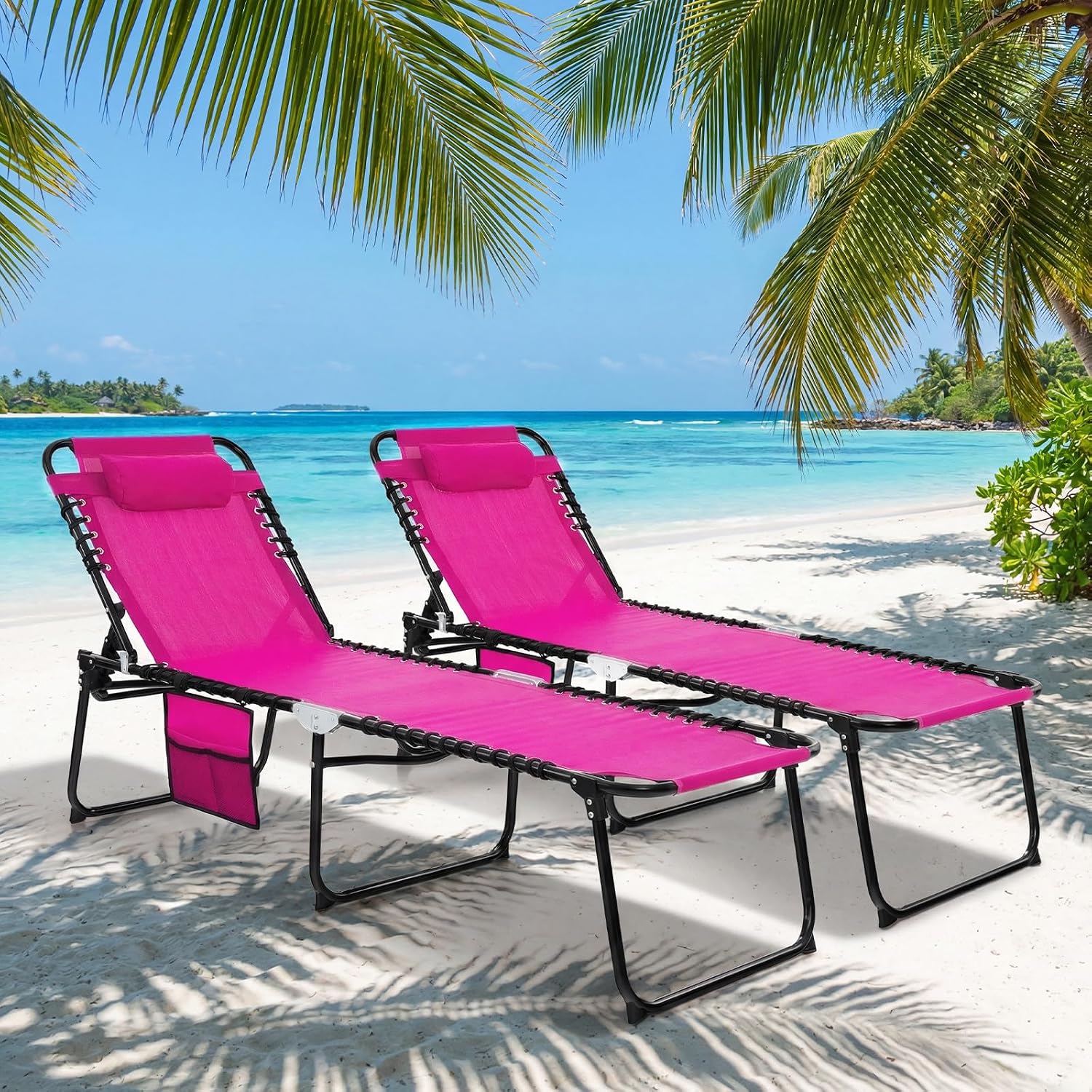 Goplus Folding Beach Lounge Chair w/Pillow for Patio Backyard Park Indoor and Outdoor, Adjustable 4-Level Backrest and 2-Level Footrest (Pink, 1 PCS Ordinary Size)