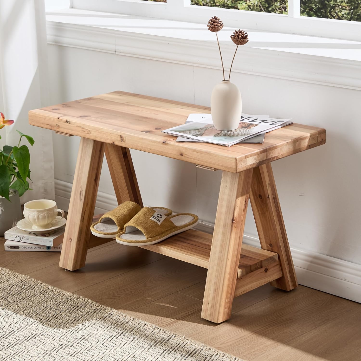30" Entryway Bench with Storage Farmhouse Narrow Dining Bench Shoe Rack Small Wooden Benches Holds up to 300lbs for Hallway Living Room Dining Room Bedroom，2 Tiers, Natural