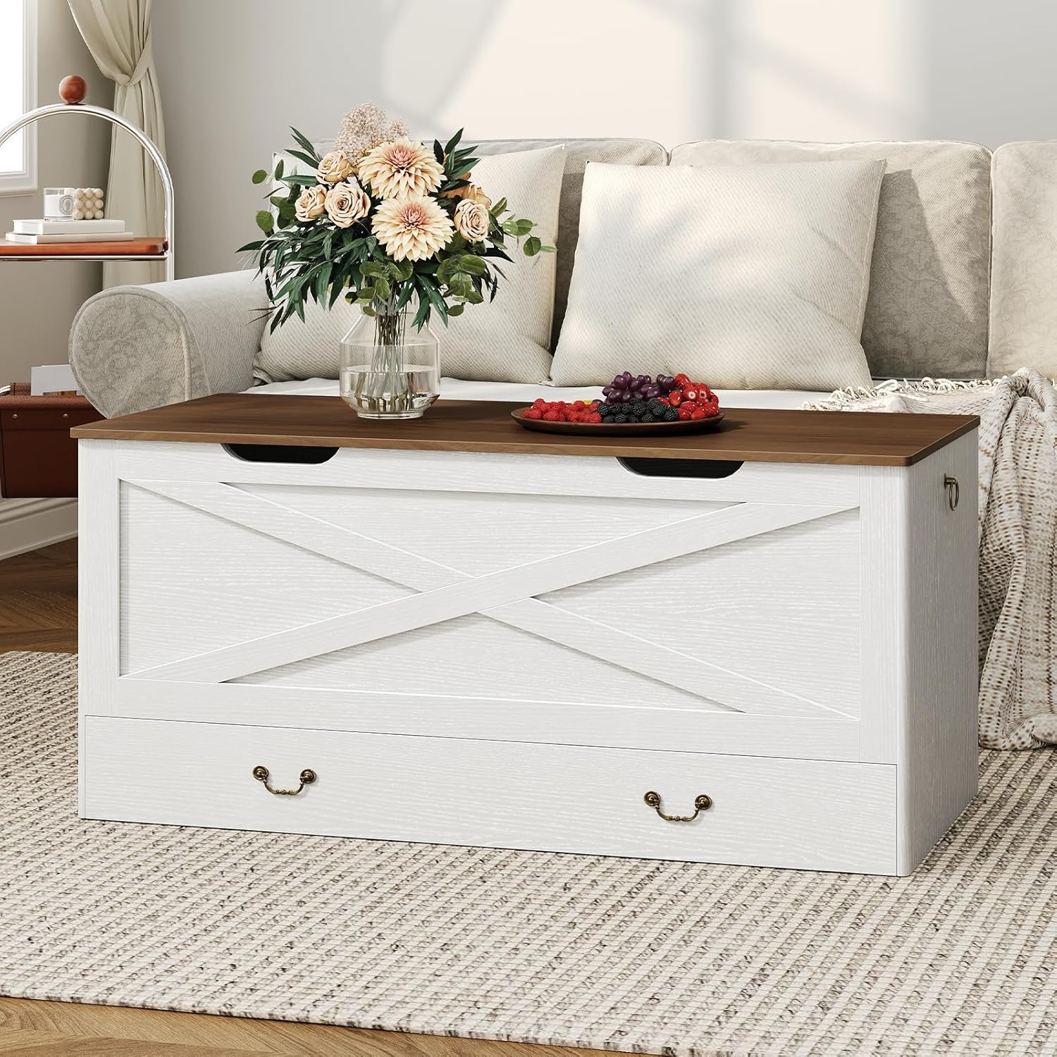 RALGEND Toy Chest, 39.4" Storage Chest with Drawer and Pull Handles, Wooden Storage Bench with Lift Top, Storage Trunk for Living Room, Bedroom, Entrance, White and Walnut