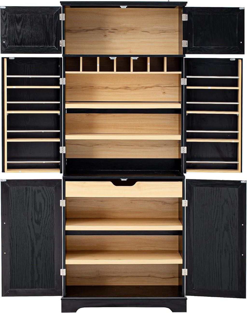 Farmhouse Pantry Cabinet with 8 Door Shelves and Adjustable Shelves, Tall Storage Cabinet with Hidden Drawer and Wine Rack, Versatile Wood Cupboard for Kitchen, Dining, Bathroom (Ash Black)