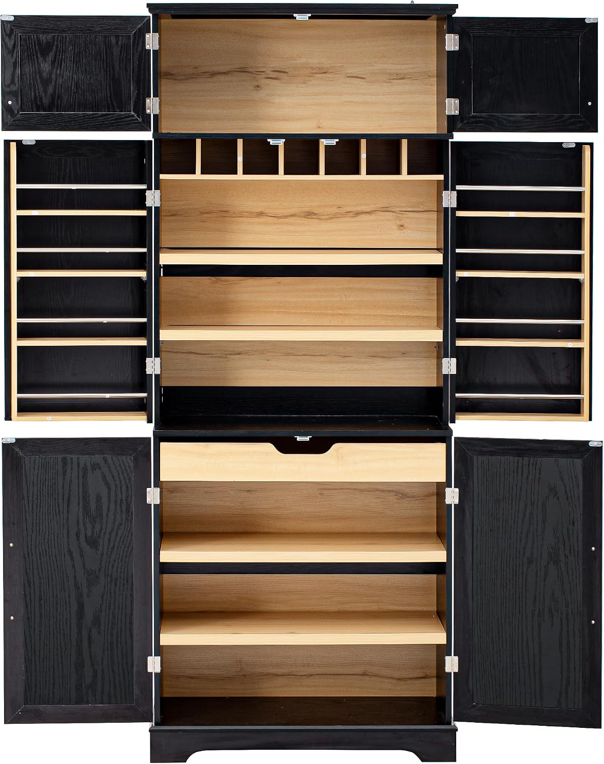 Farmhouse Pantry Cabinet with 8 Door Shelves and Adjustable Shelves, Tall Storage Cabinet with Hidden Drawer and Wine Rack, Versatile Wood Cupboard for Kitchen, Dining, Bathroom (Ash Black)