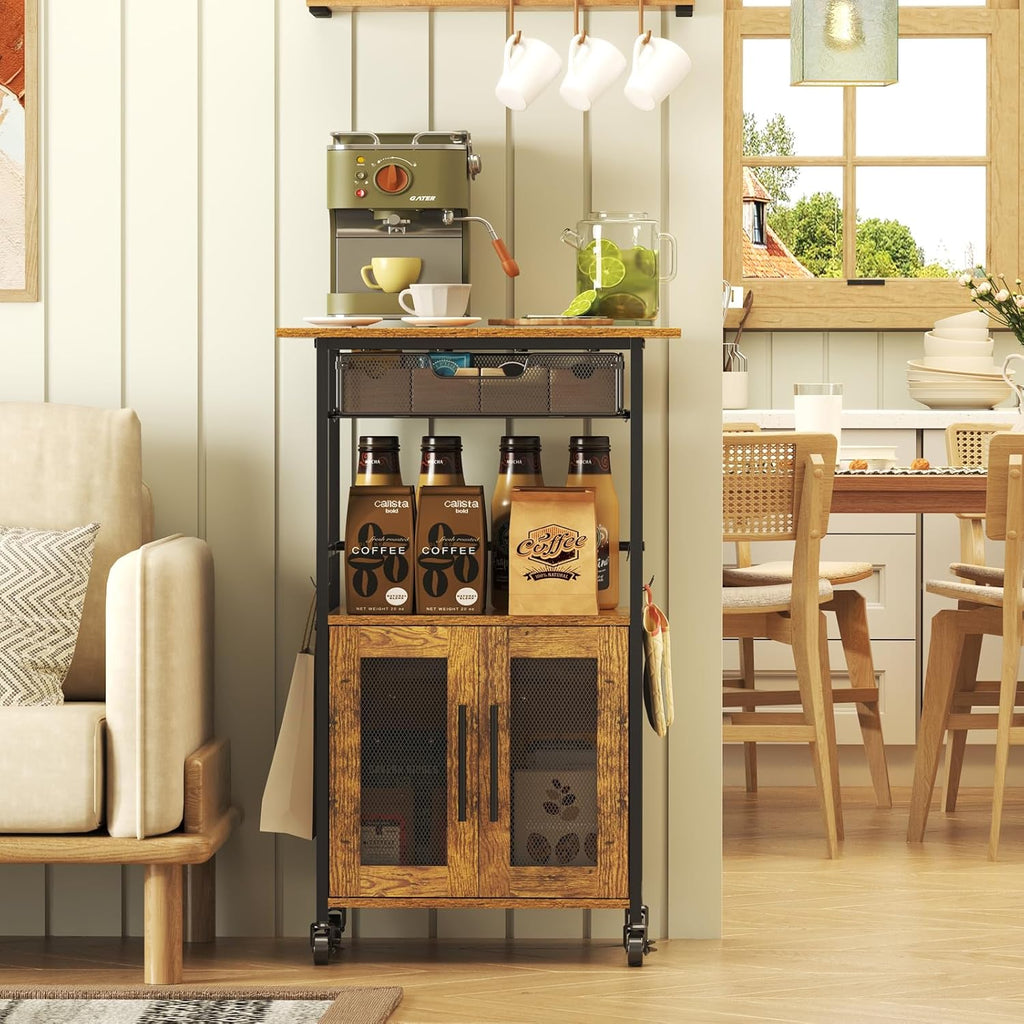 3 Tier Slim Rolling Coffee Cart with 2-Door & Pull-Out Wire Basket Drawer, Coffee Bar Cabinet on Lockable Casters, 32.7" H Microwave Cart with Storage for Home, Kitchen, Dining Room (Rustic Brown)