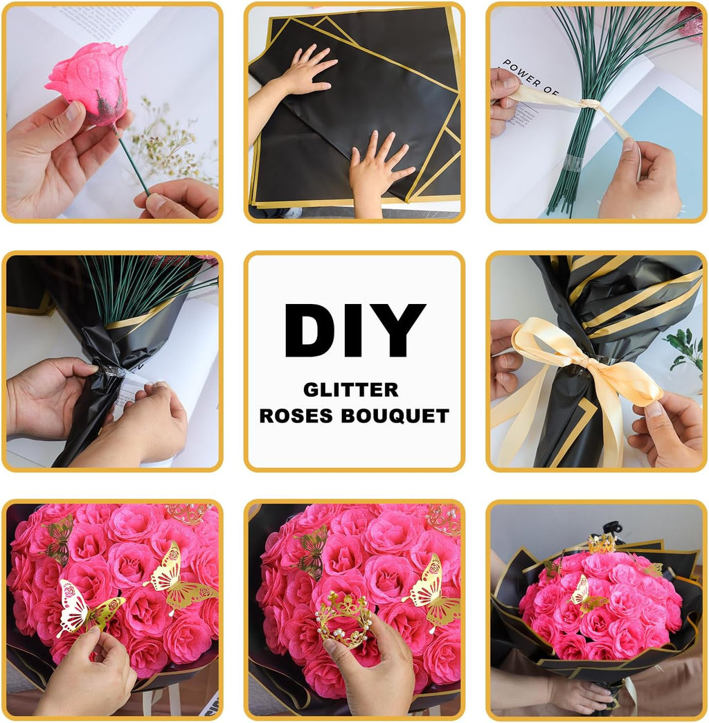 Glitter Rose Flower Bouquet, Fake Roses Bouquet 16 Pcs DIY Glitter Rose Bouquet Kits Birthday Gifts for Women Mom Mother's Day Anniversary Graduation - Hot Pink