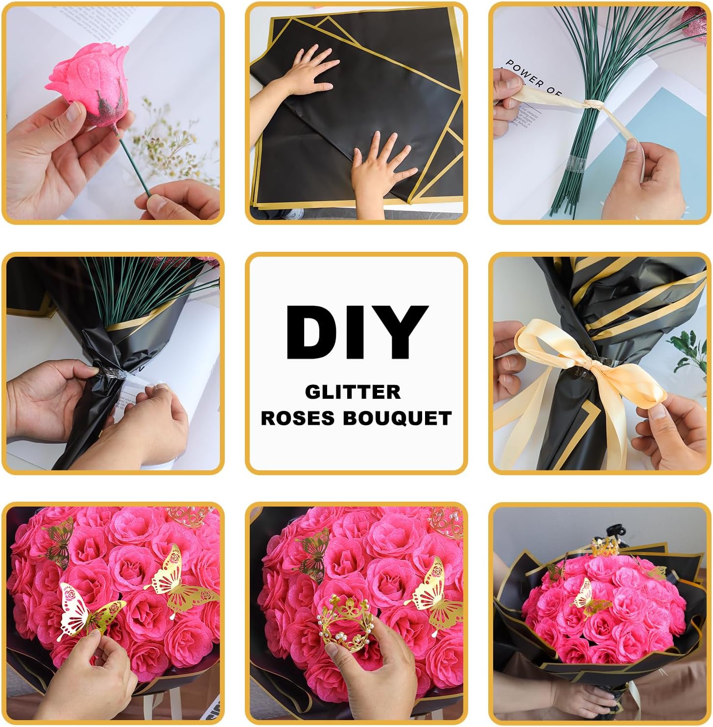 Glitter Rose Flower Bouquet, Fake Roses Bouquet 16 Pcs DIY Glitter Rose Bouquet Kits Birthday Gifts for Women Mom Mother's Day Anniversary Graduation - Hot Pink