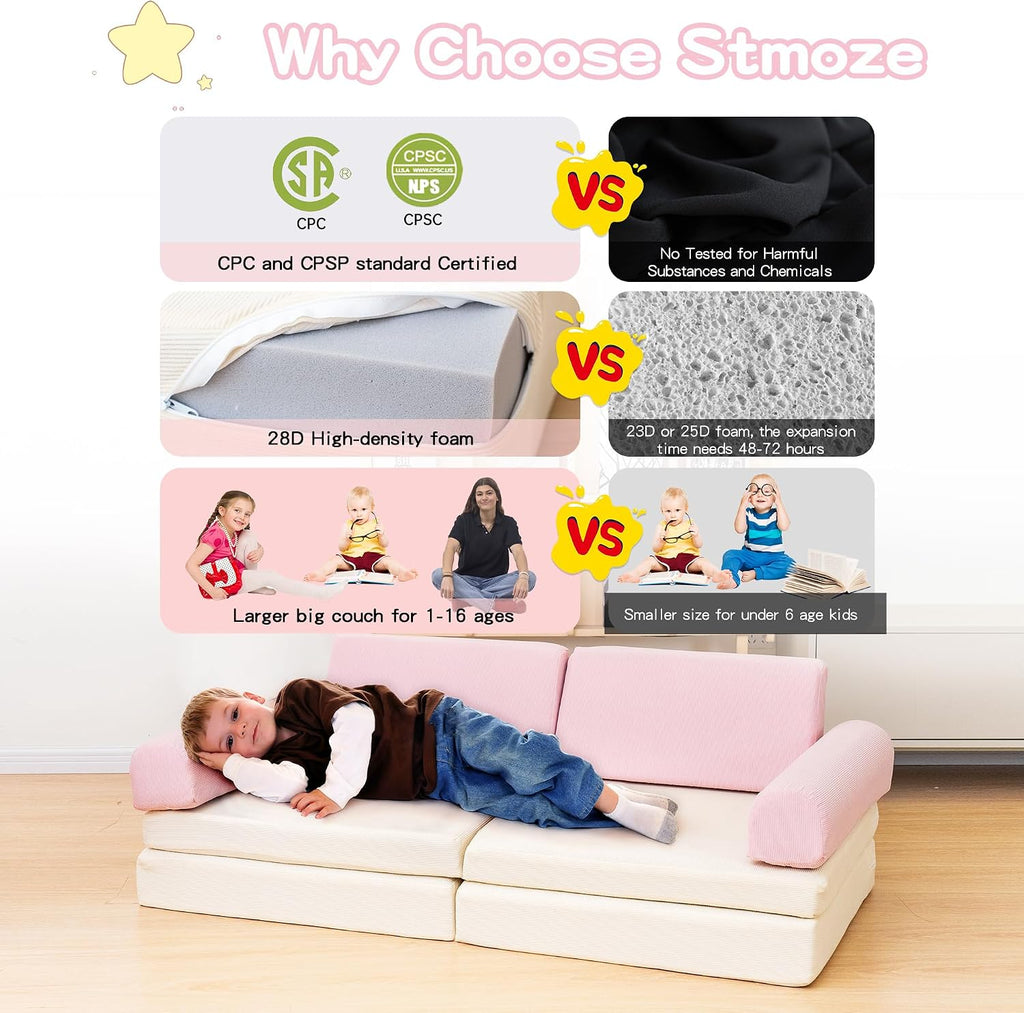 Modular Kids Play Couch, 5 Second Quick Bounce High Density Foam, Corduroy Fabric, Kids Sofa That Inspires Toddler Creativity for Playroom Bedroom Living Rooms Toddler Sofa -Pink and Beige