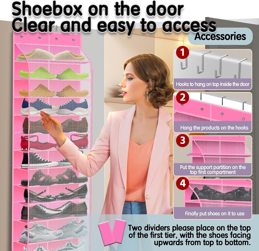 Kotkn Over The Door Shoe Organizer with 12 Large Breathable Pockets - Durable Hanging Storage for the Entire Family's Shoes (Pink)
