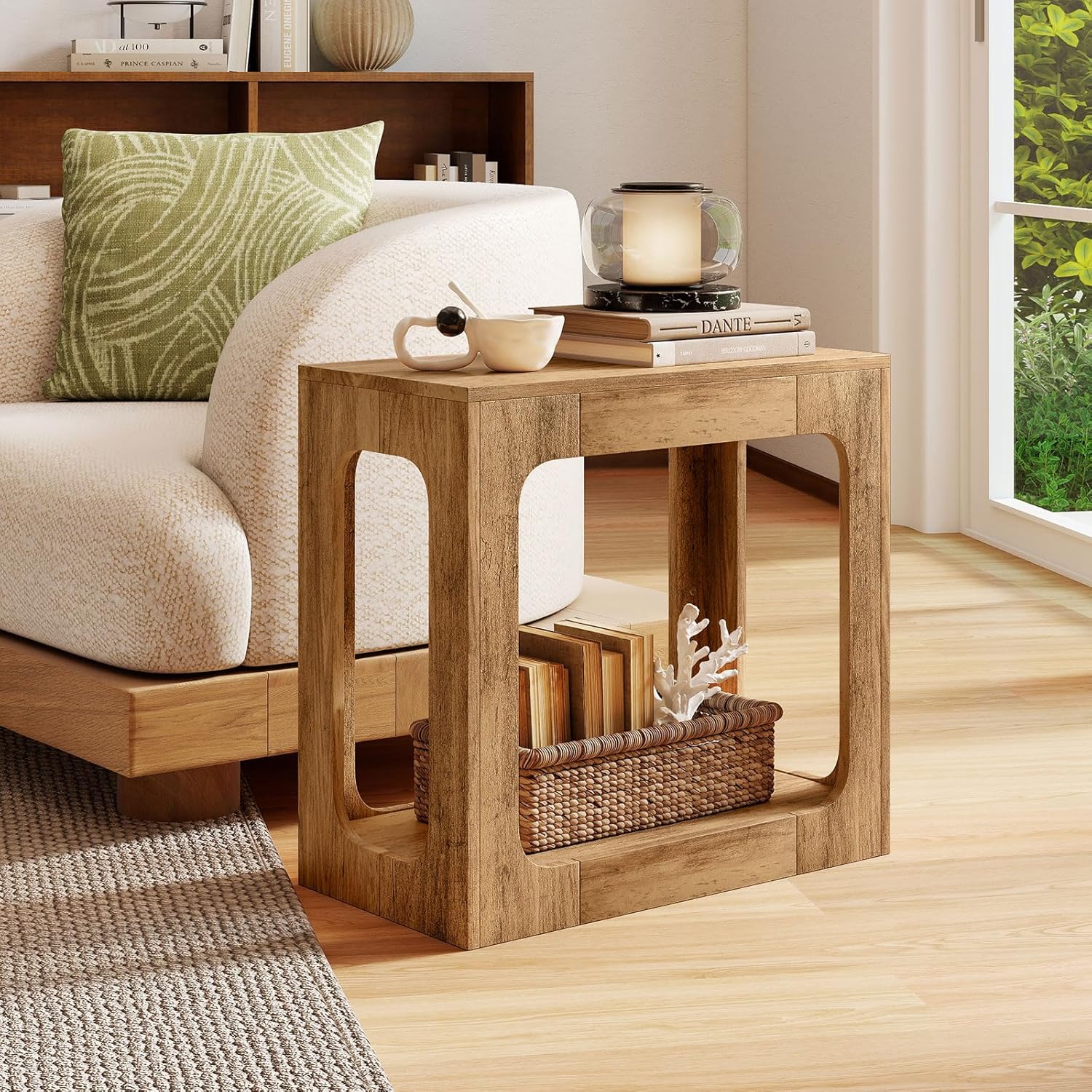 GOFLAME Narrow End Table, Farmhouse Wood Sofa Side Table 2-Tier with Storage Shelf, Arched Rustic Small Accent Tables, Rectangular Compact Night Stand for Living Room, Bedroom, Oak