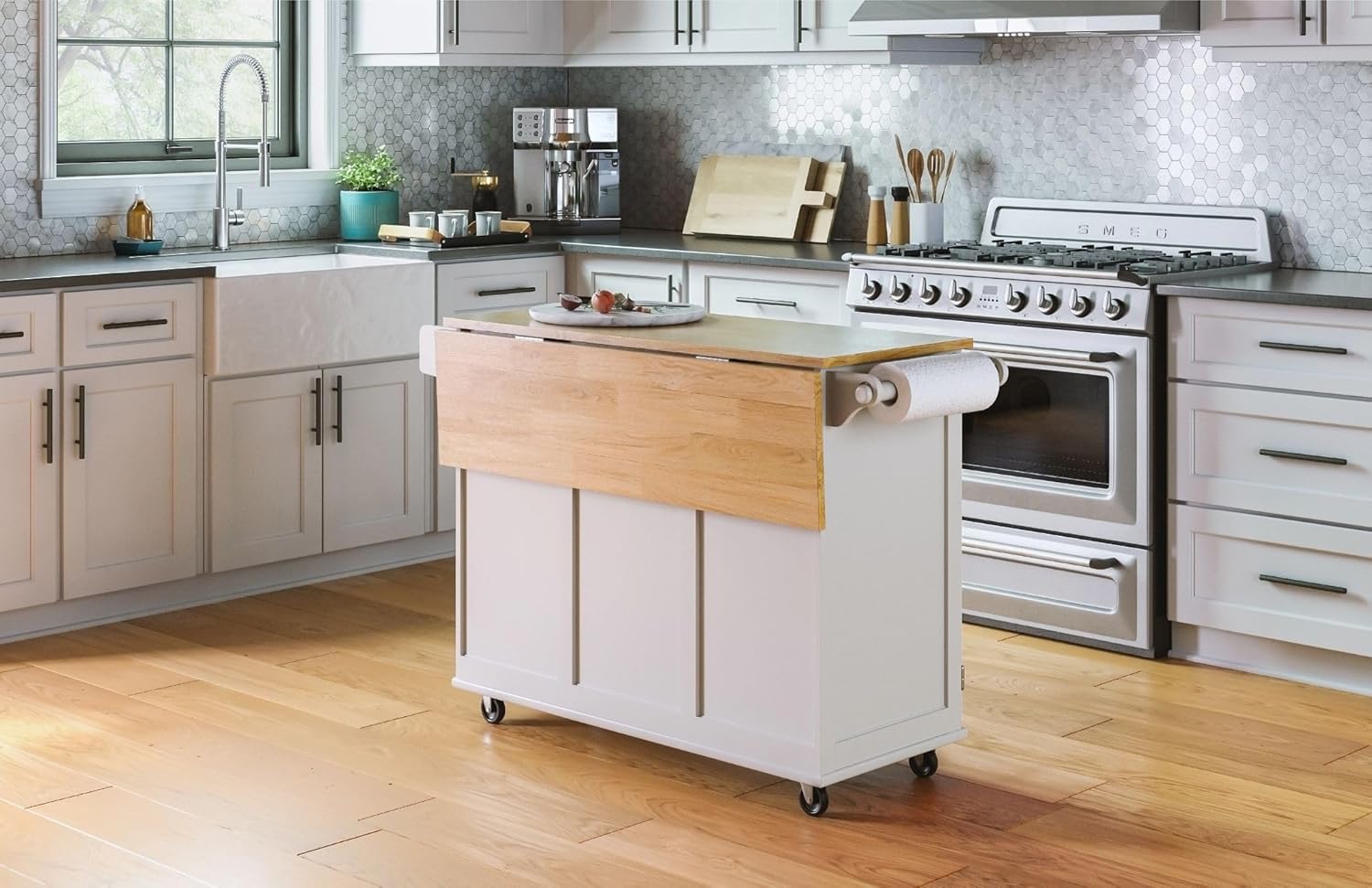 Homestyles Dolly Madison Off-White Mobile Kitchen Island Cart with Wood Drop Leaf Breakfast Bar
